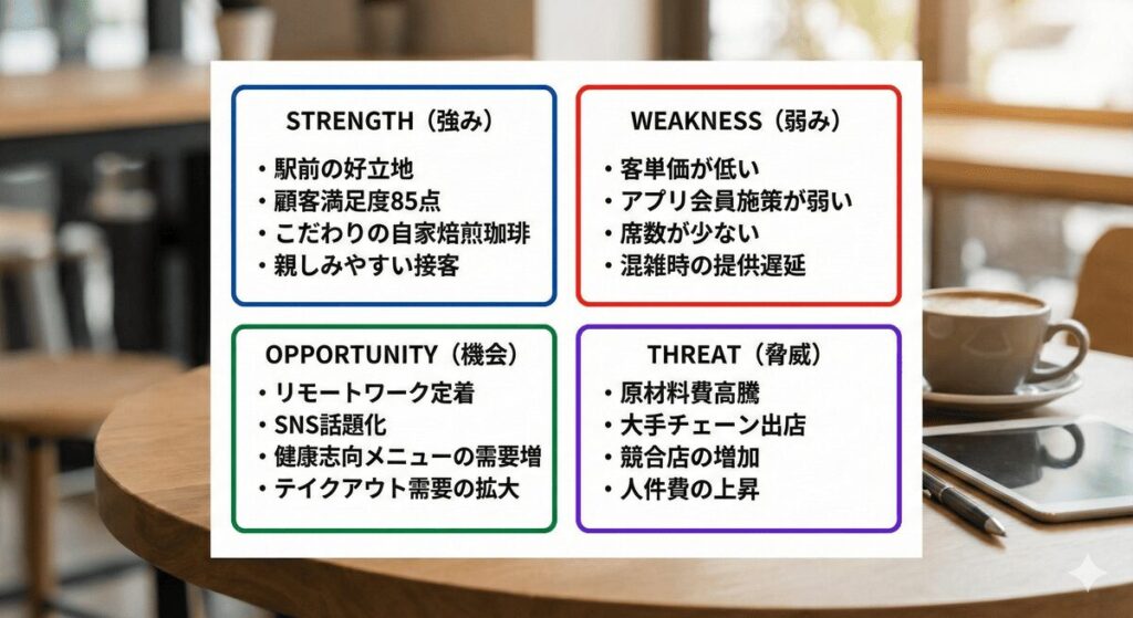 カフェチェーンのケーススタディでSWOT分析を実践した例