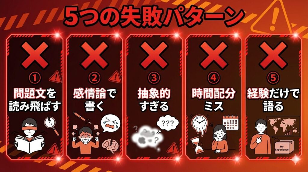 ケーススタディでよくある5つの失敗パターンを示す図解