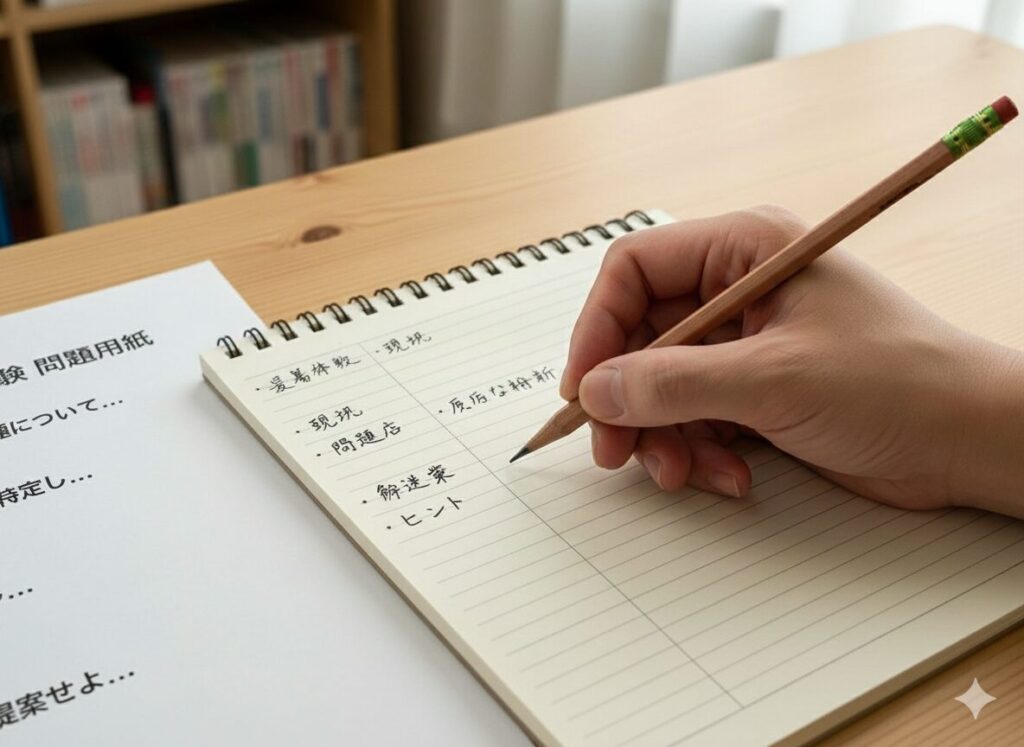 ケーススタディの問題文を読みながらメモを取る様子