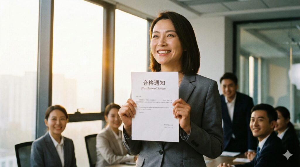 ケーススタディ試験に合格して喜ぶビジネスパーソン