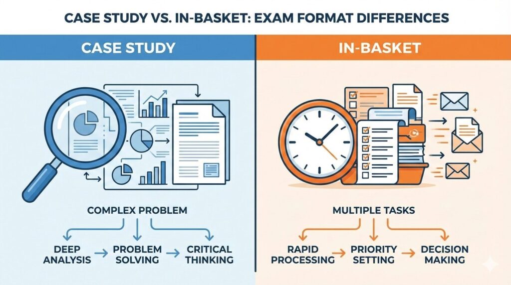 ケーススタディとインバスケットの違いを示す比較図解