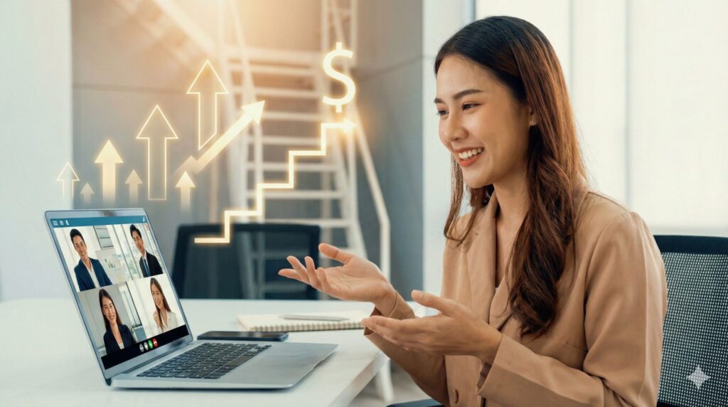 英会話でオンライン会議をやっている女性