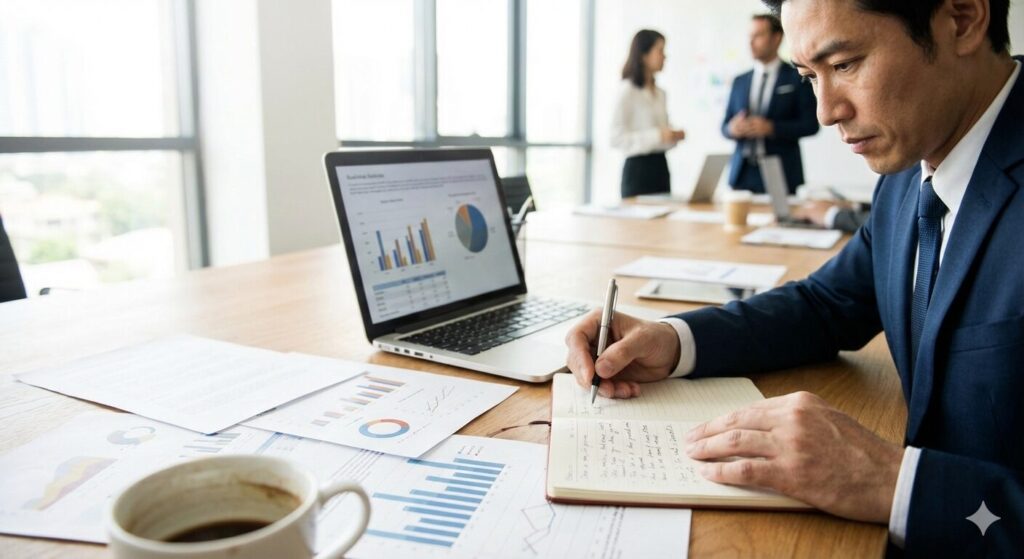 フィードバックを分析してノートにまとめるビジネスパーソン