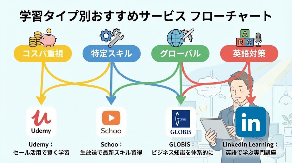 学習タイプ別のおすすめオンライン学習サービス診断チャート