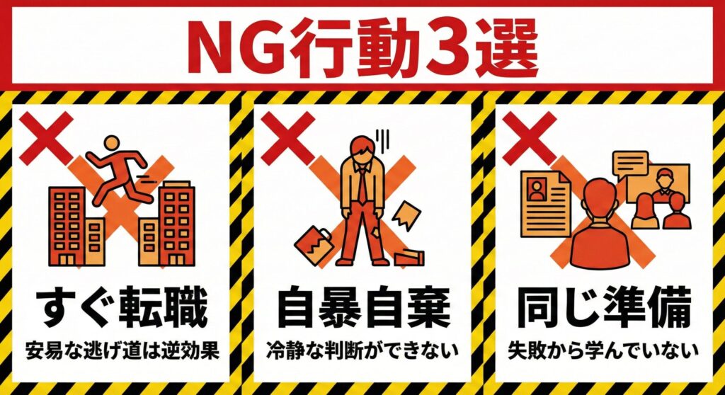 昇格試験に落ちた後のNG行動を示す図解(転職、自暴自棄、同じ準備)