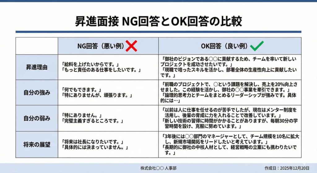 昇格面接でのNG回答とOK回答の比較表