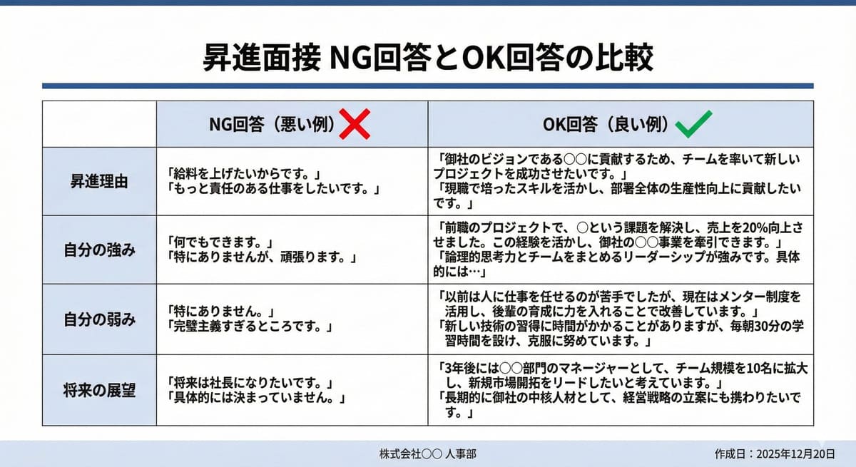 昇格面接でのNG回答とOK回答の比較表