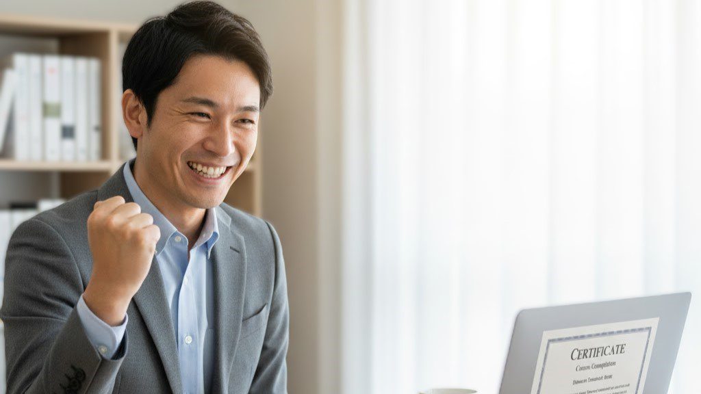 オンライン学習で昇格試験に合格し喜ぶビジネスパーソン