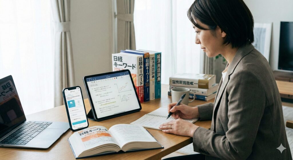 学習教材とスマホアプリを使うビジネスパーソン