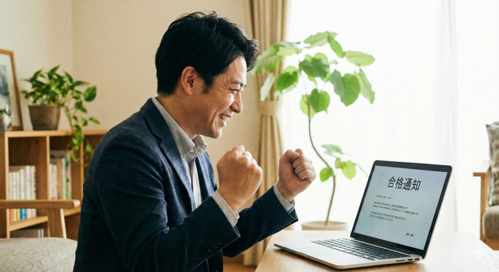 再挑戦で合格して喜ぶビジネスパーソン