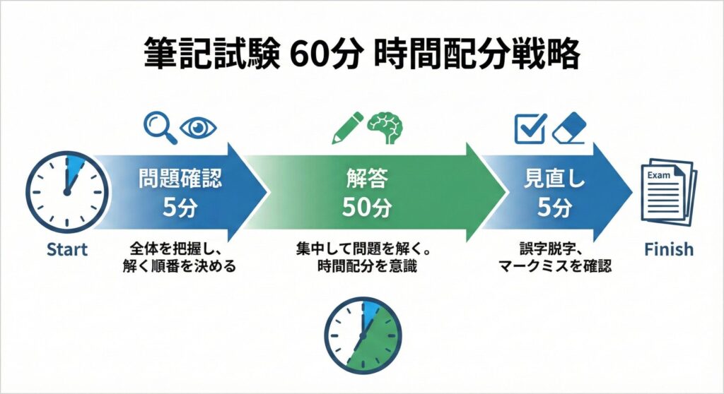 筆記試験の時間配分と解答戦略を示す図解