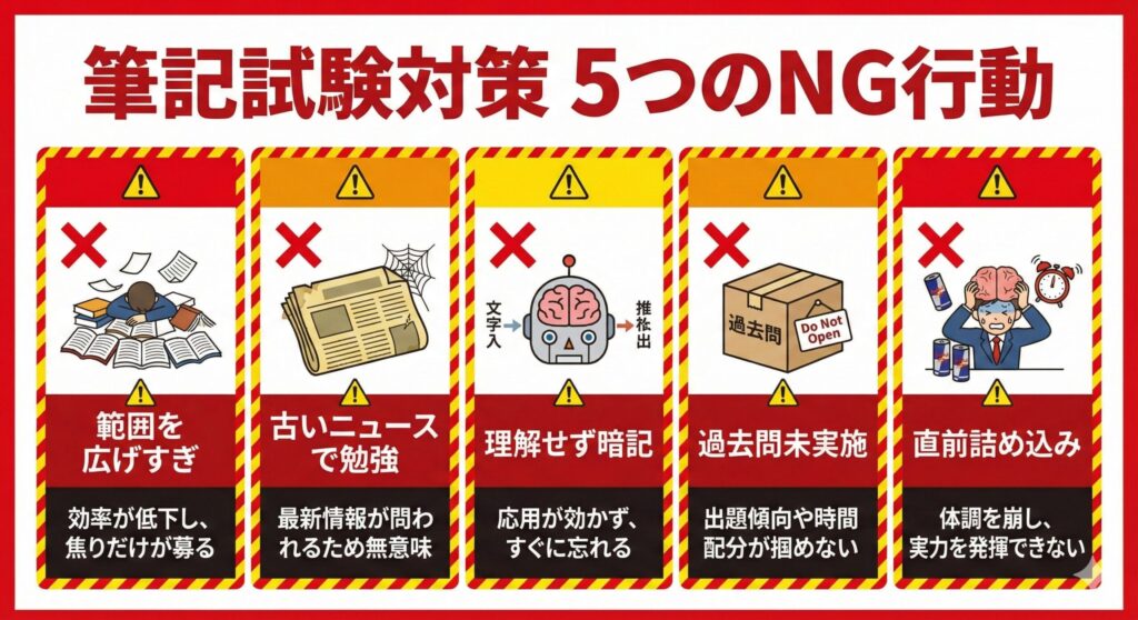 筆記試験でよくある5つの失敗パターンを示す図解