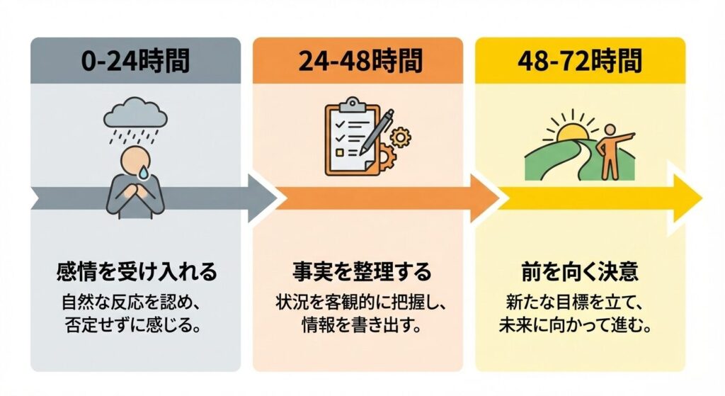 落ちた直後の72時間の過ごし方を示すタイムライン図
