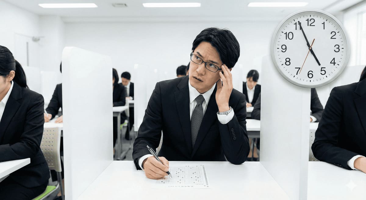 昇格試験のケーススタディで時計を見ながら答案を書く受験者