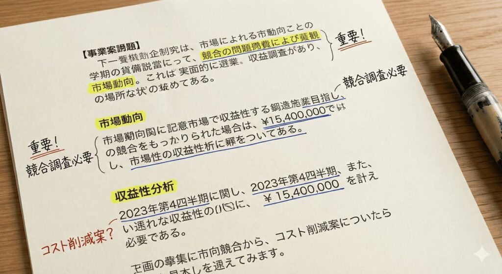 昇格試験ケーススタディの問題文にマーキングする様子