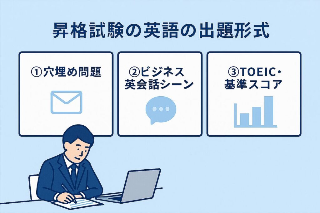 昇格試験における英語の3つの出題パターンを示す図解