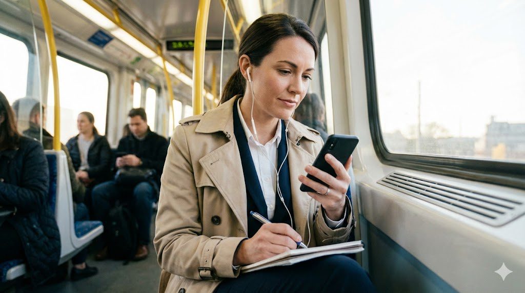 スマートフォンで通勤時間に効率的に学習するビジネスパーソン