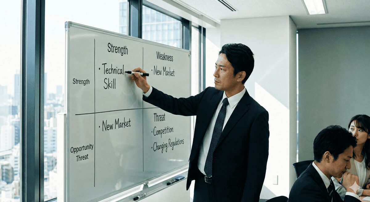昇格試験のケーススタディでSWOT分析を使って課題解決するビジネスパーソン