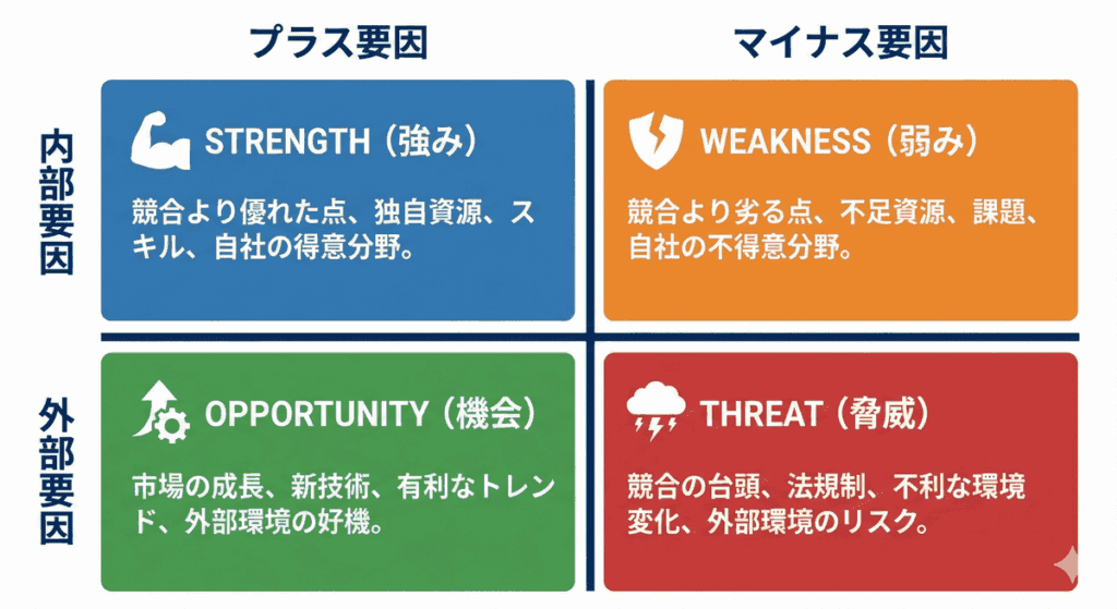 SWOT分析の4つの視点（強み・弱み・機会・脅威）を示す図解
