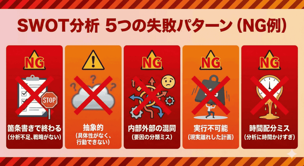 SWOT分析でよくある5つの失敗パターンを示す図解