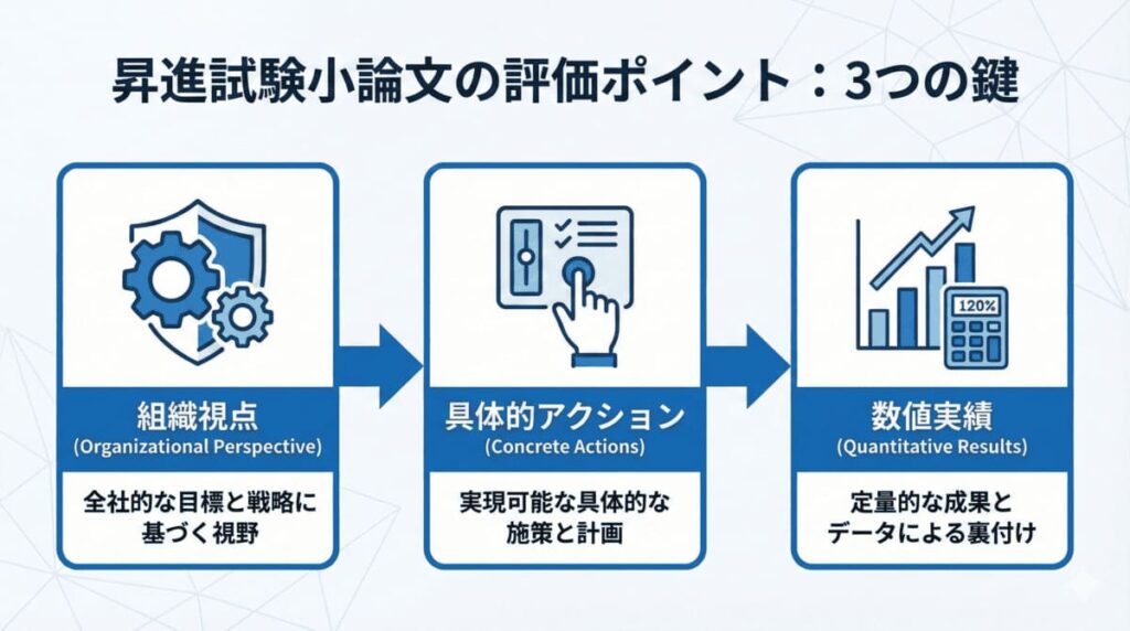 昇格試験論文で評価される3つのポイント（組織視点・具体的アクション・数値実績）