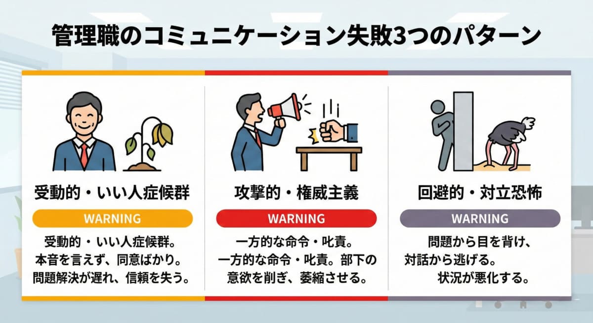 管理職が陥りやすい3つのコミュニケーション失敗パターンの比較図