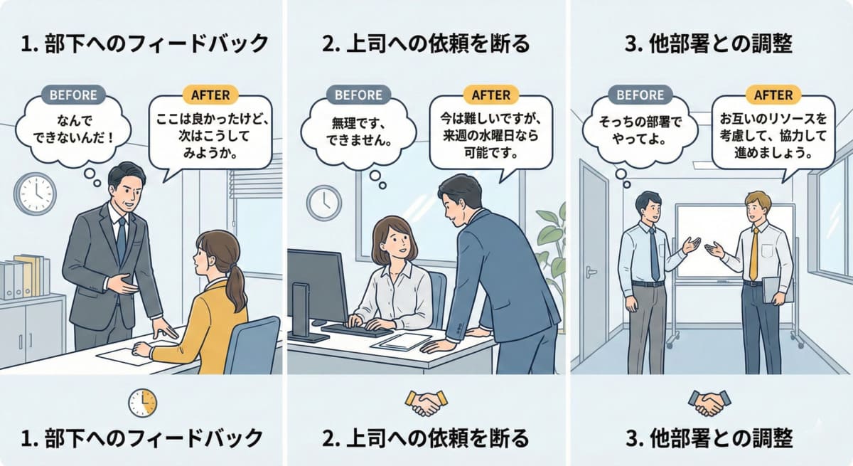 部下指導、上司への提案、他部署調整の3つの場面でのアサーション実践例