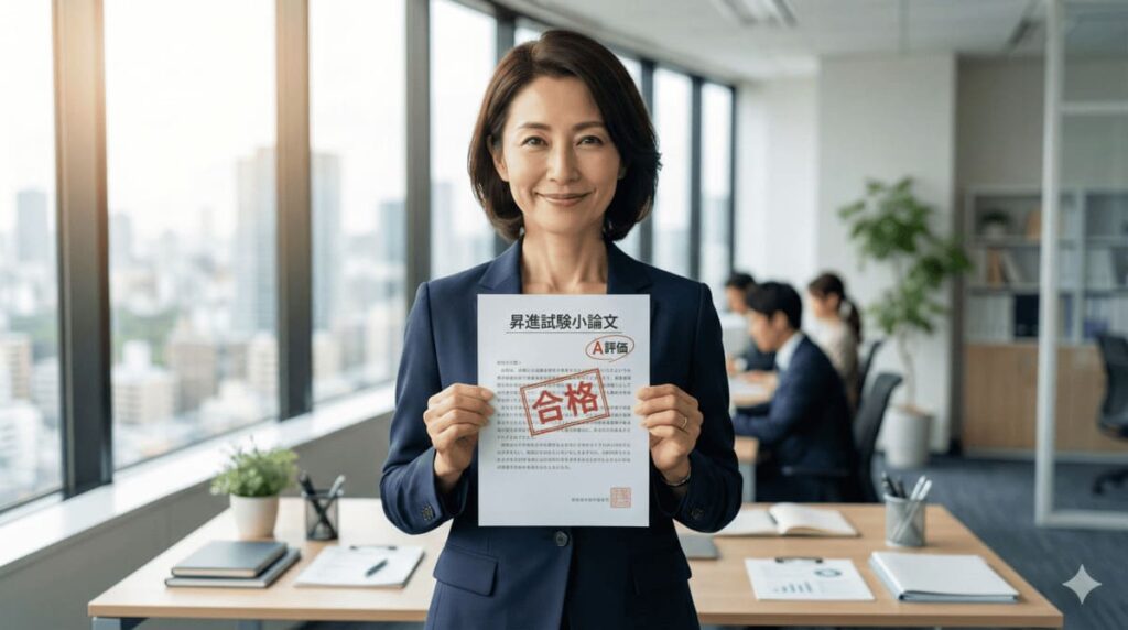 昇格試験の論文を完成させて自信を持つビジネスパーソン