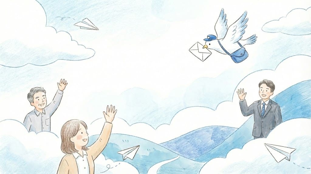 お問い合わせイメージ：手紙を届ける鳥とビジネスパーソン