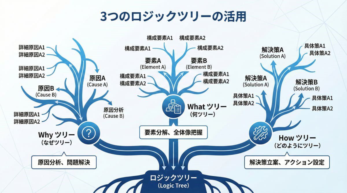 ロジックツリーの3種類（Why/What/How）を図解したインフォグラフィック