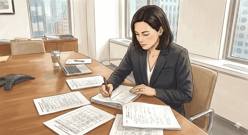 昇格試験の論文を評価する採点者のイメージ