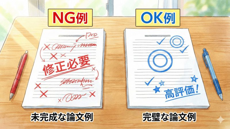 昇格試験論文のNG例とOK例の比較イメージ