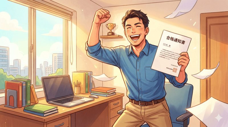 昇格試験論文で合格して喜ぶビジネスパーソン