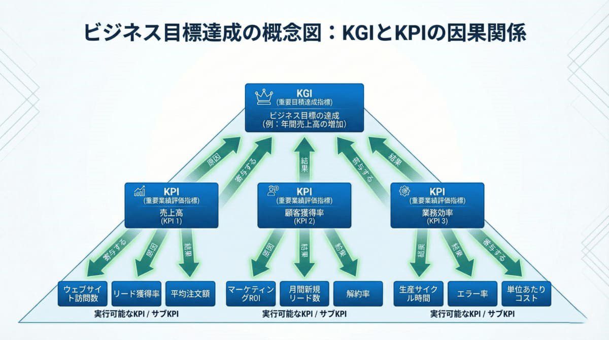 KGIとKPIの違いと関係性を示す図解