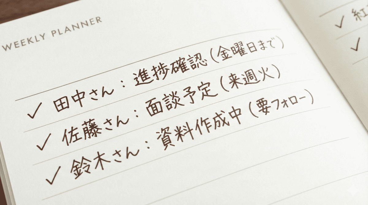 手帳に部下の状況をメモする記入例
