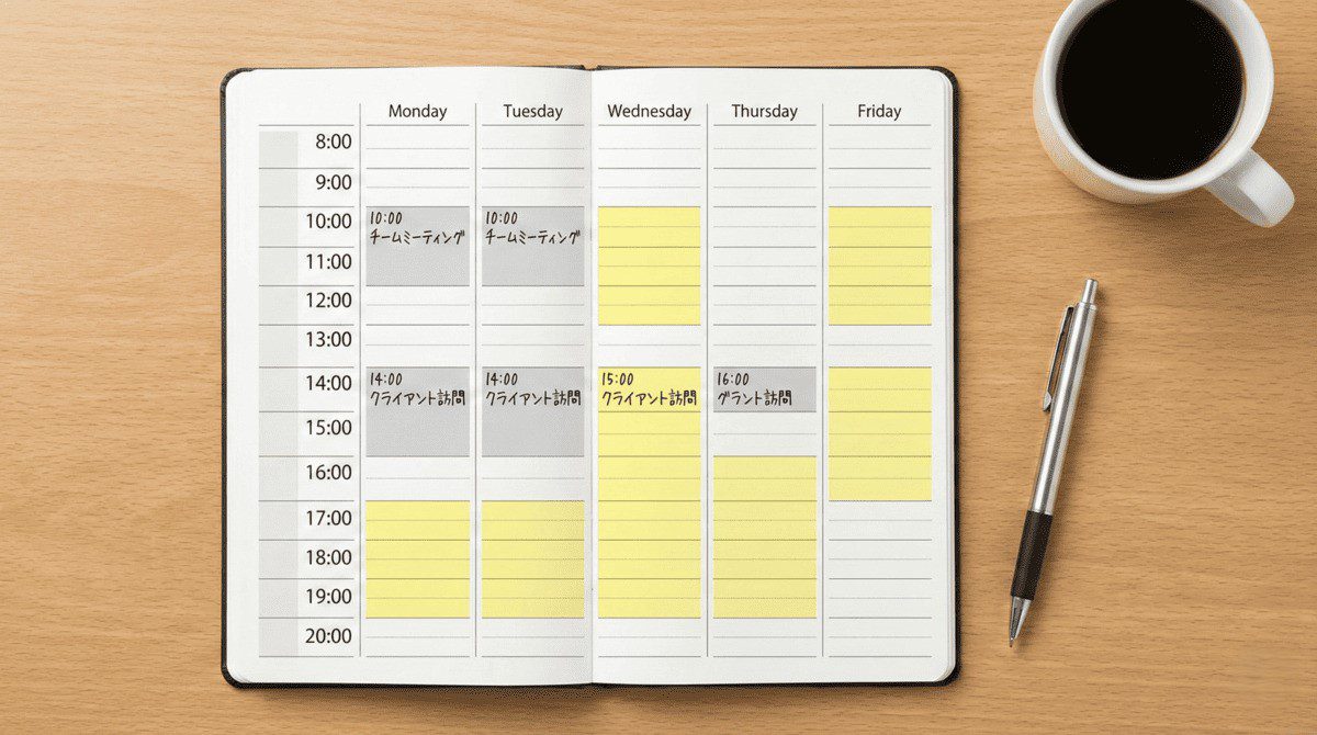 バーチカル（縦型時間軸）タイプの手帳で1週間を俯瞰する様子