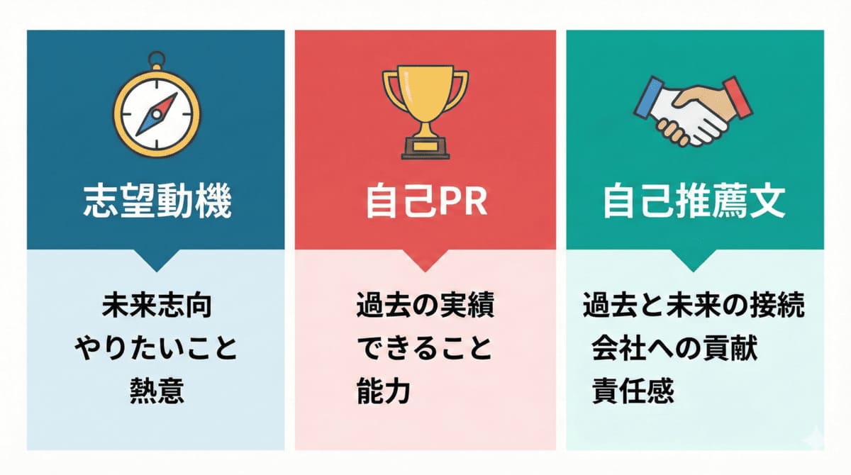 志望動機・自己PR・自己推薦文の3つの違いを示す比較表