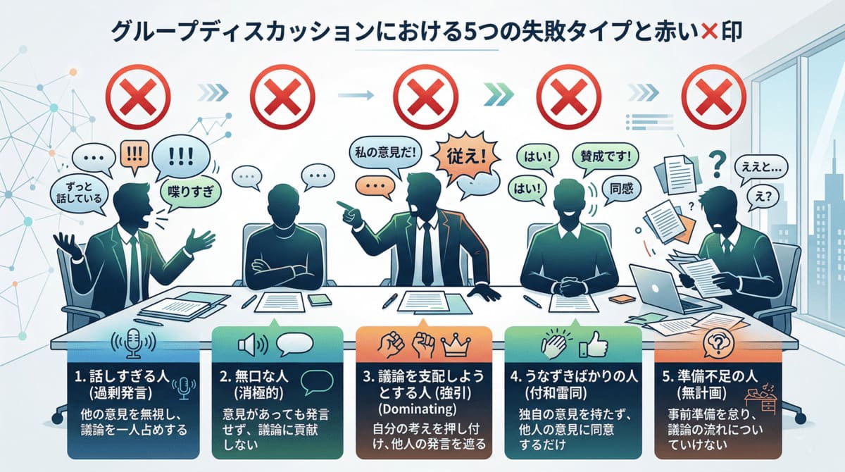 グループ討議で落ちる5つのタイプを示す図解