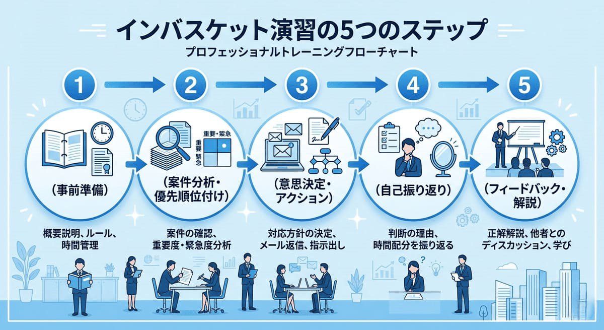 インバスケット練習方法の5ステップを示すフローチャート
