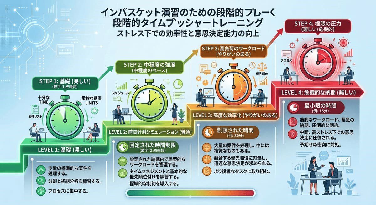 インバスケット練習の段階別時間設定（1.5倍→本番→0.8倍）