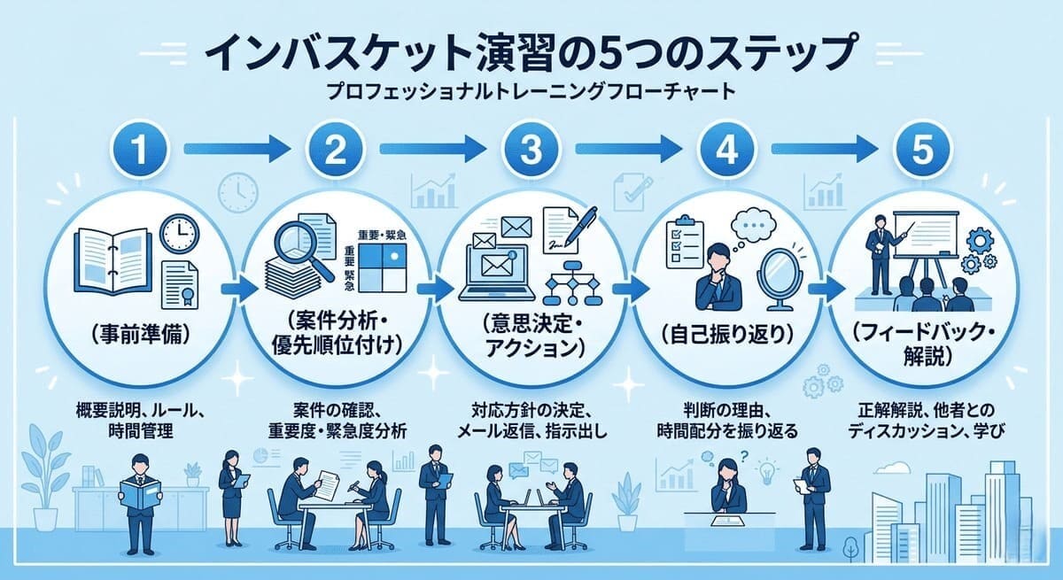 インバスケット練習方法の5ステップを示すフローチャート