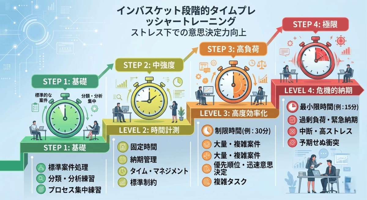 インバスケット練習の段階別時間設定（1.5倍→本番→0.8倍）