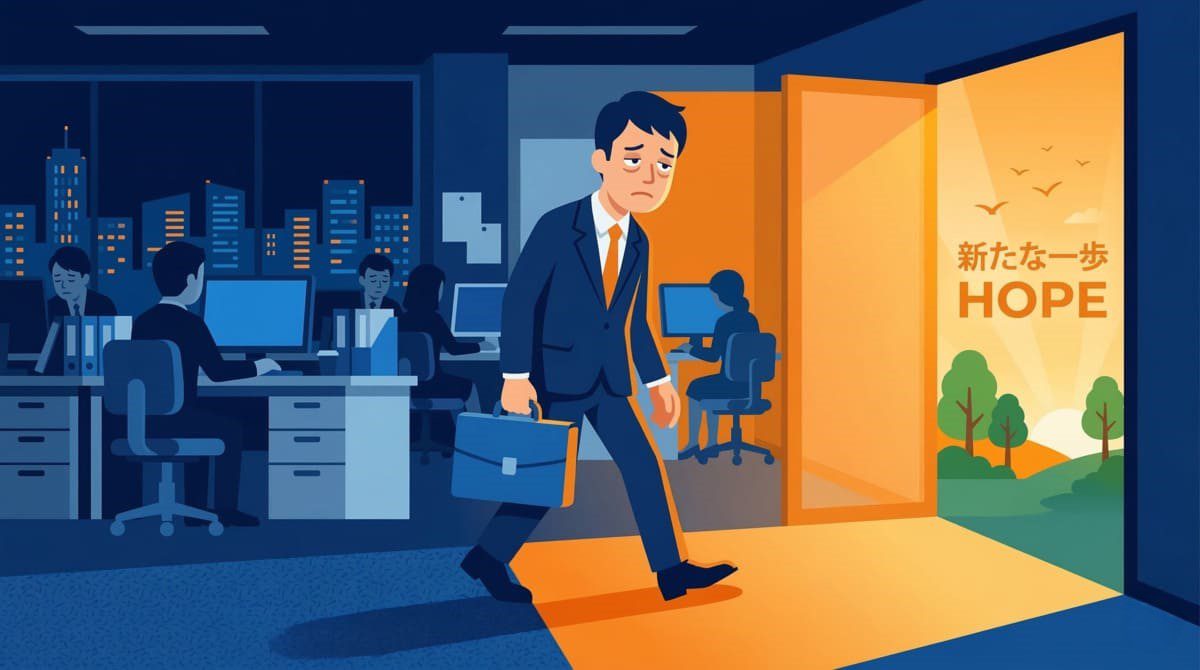 光に向かって歩き出すビジネスマン