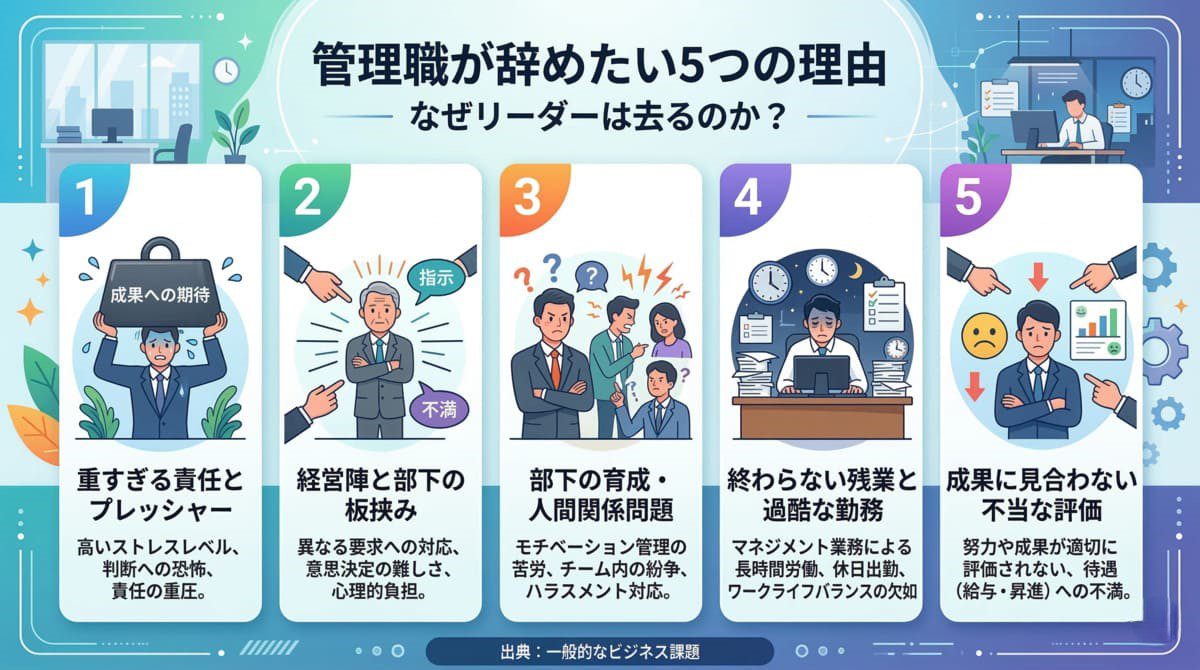管理職が辞めたいと感じる5つの理由のインフォグラフィック