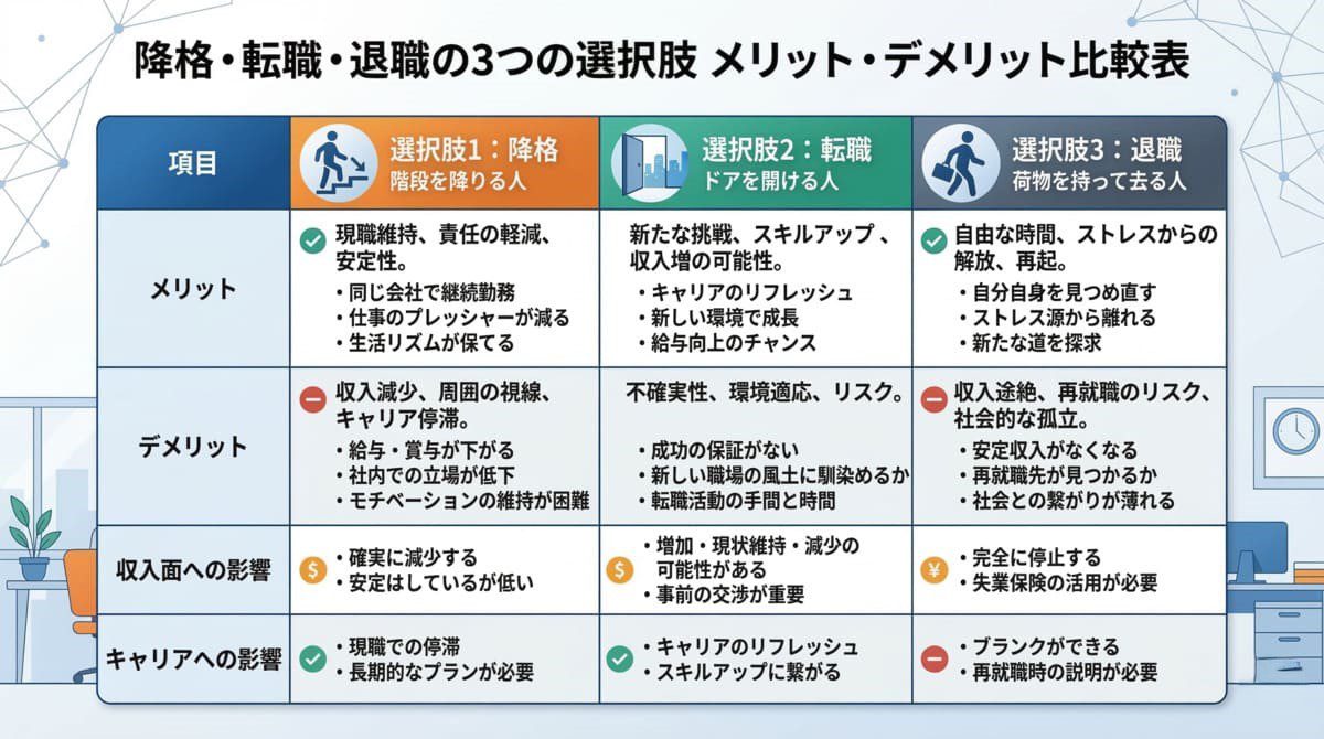 管理職を辞める選択肢（降格・転職・退職）のリスク比較表