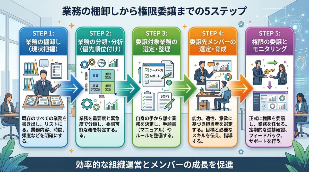 業務の棚卸しから権限委譲までの全体フロー図