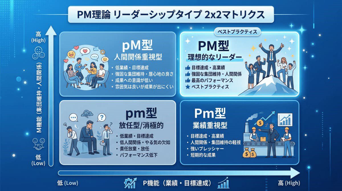 PM理論の4象限マトリクス（PM型・Pm型・pM型・pm型）
