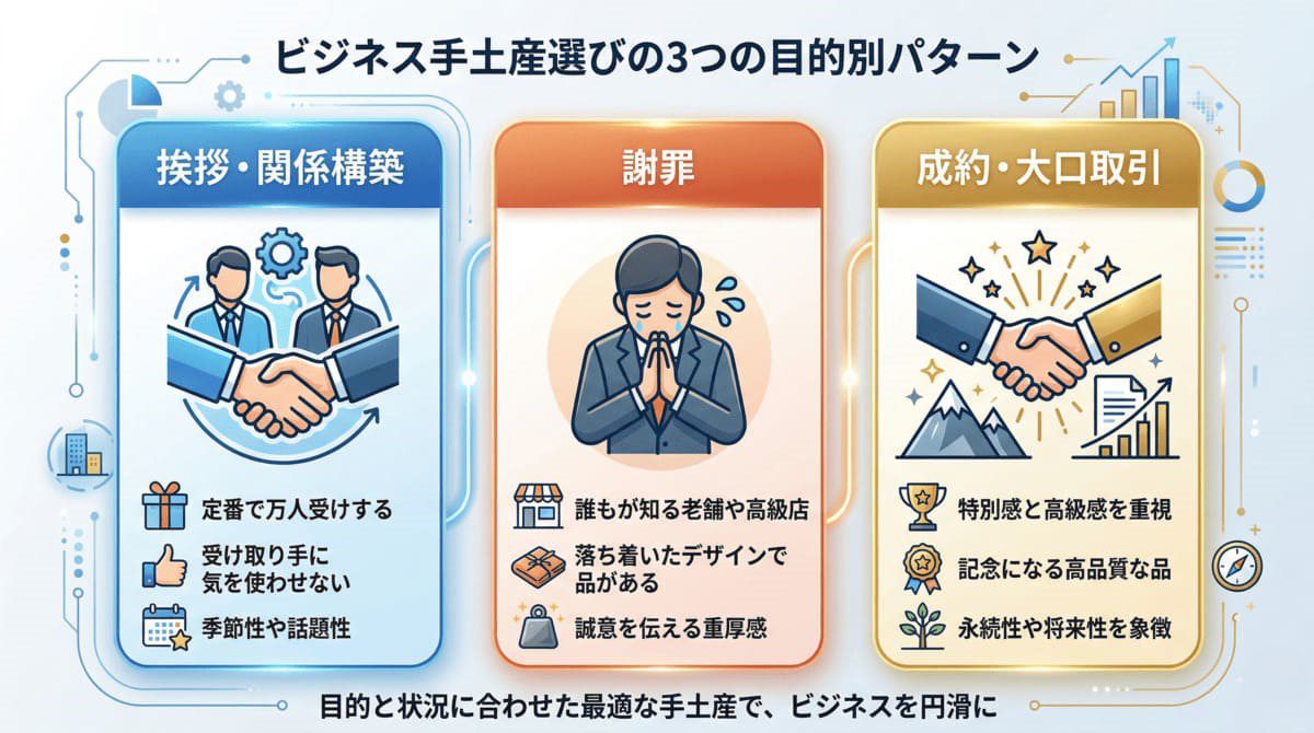 接待の目的別に手土産の選び方を分類した3パターン図解