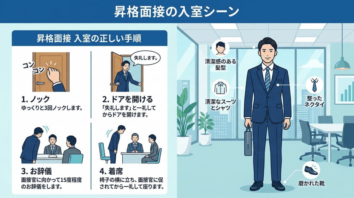 昇格面接でマナーを意識して入室するビジネスパーソン