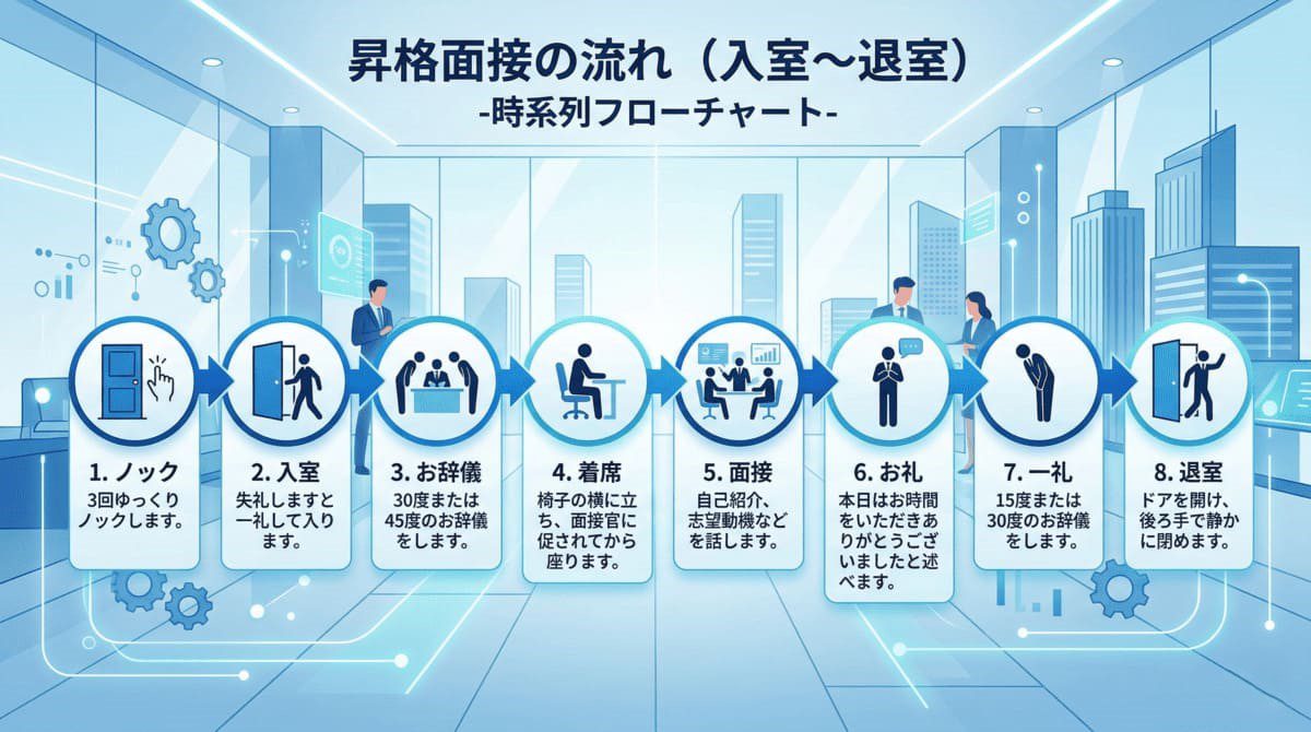 昇格面接の入室から退室までの流れを示すフローチャート